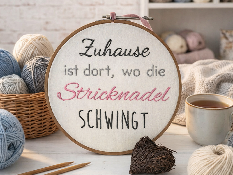 Preview: Zuhause ist dort wo die Stricknadel schwingt Spruch - Stickdatei